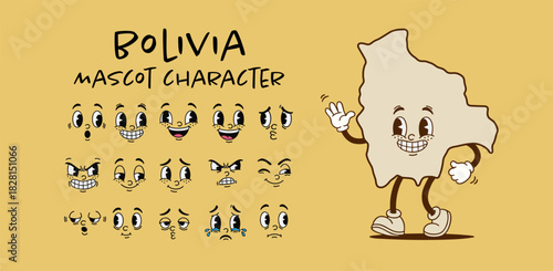 Vintage Bolivia country map mascot character with cartoon facial expression set