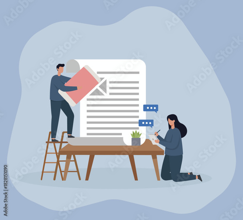 Collaborative Team Editing Giant Document in Flat Vector Style, Collaboration, Document Editing, Teamwork, Content Creation, Creative Process