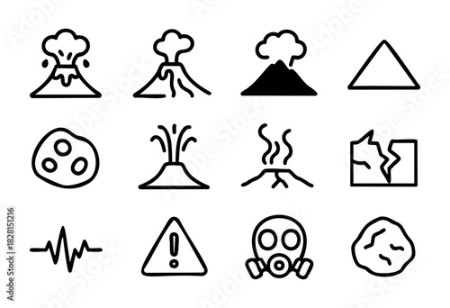 Set of volcano and disaster icons in bold-line minimal style: volcano, eruption, smoke, mountain, meteor, lava, crater, crack, earthquake, alert, gas mask, asteroid.