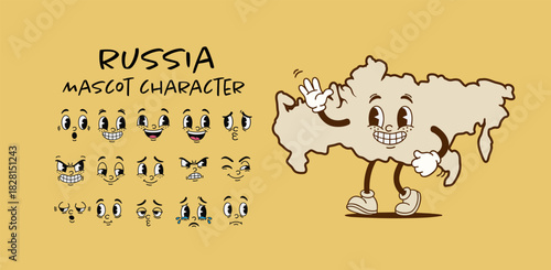Vintage Russia country map mascot character with cartoon facial expression set