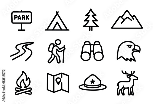 Set of national park icons in minimalist outline style: park sign, tent, tree, mountain, river, hiker, binoculars, eagle, campfire, map, ranger hat, deer.
