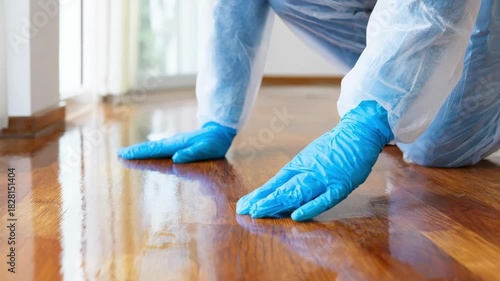 Medium shot of a technician applying UVcurable coating on a wooden floor for fast durable surface protection in interior design projects.