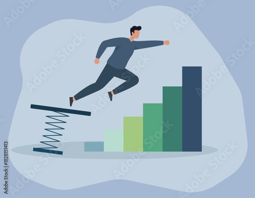 Man Springing Forward onto Ascending Bar Graph in Flat Vector Style, Symbolizing Growth and Success, Business Growth, Career Leap, Progress Boost, Success Jump, Innovation Ascent