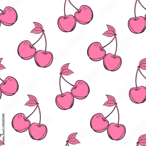 Seamless pattern of hand drawn berries cherry on white background. Fruit illustration. Pink cherry vector. Cute fruit print. Botanical pattern.