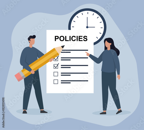 Collaborative Policy Review with Checklist, Pencil, and Time Management in Flat Vector Style, Policy Formulation, Compliance Checklist, Time Management, Collaborative Editing, Regulatory Review