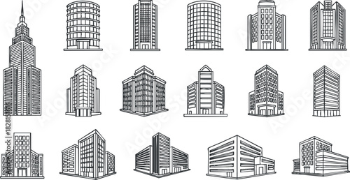 Outline vector icon set showcasing various modern skyscrapers and buildings for urban design and architecture projects
