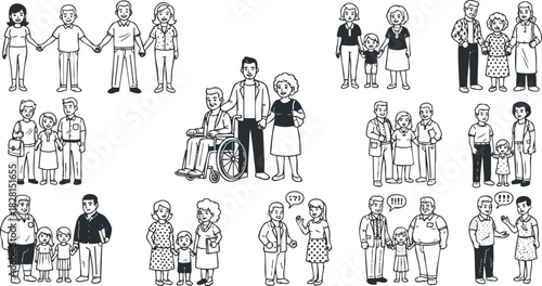 Black and white vector illustration featuring diverse groups of people in various social interactions and relationships.