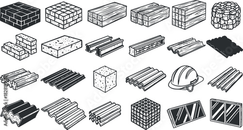 Geometric vector illustration of various construction materials including bricks, wood, tiles, and safety equipment for design projects