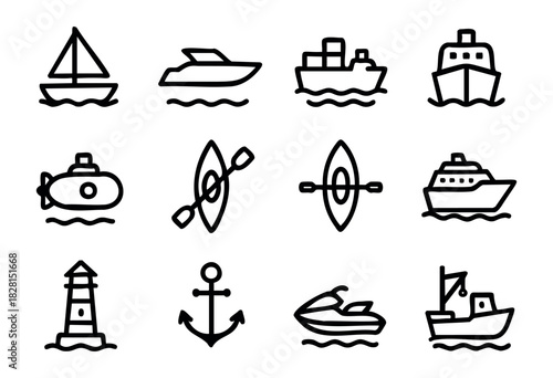 Set of ship icons in simple bold-line style: sailboat, yacht, cargo ship, cruise ship, submarine, kayak, lighthouse, anchor, jet ski, and fishing boat