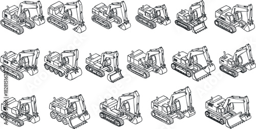 Outline vector illustration set of construction vehicles including excavators and bulldozers for industrial design projects