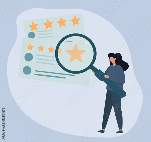 Woman Inspecting 5-Star Ratings Through Magnifying Glass in Flat Vector Illustration, Review Analysis, Quality Check, Customer Feedback, Rating Evaluation, Detailed Examination