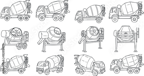 Outline vector illustration set of cement mixers and construction vehicles for engineering and design projects