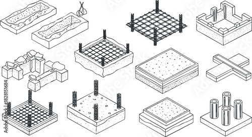 Isometric vector illustration of construction foundation elements and site layout for architectural design and engineering projects