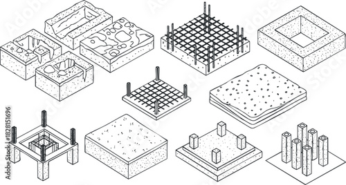 Geometric vector illustration set of construction foundations and structural elements for architectural and engineering projects