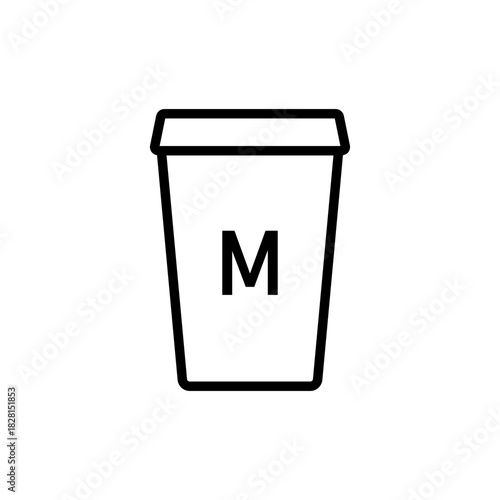 Medium coffee cup icon. M size takeaway drink container with bold letter marking size vector illustration. Cafe outline element for menus sign. Hot drink ordering line symbol. Minimal style concept.