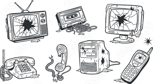 Collection of broken vintage technology vector illustrations featuring a cracked television, cassette player, old phone, and damaged computer.