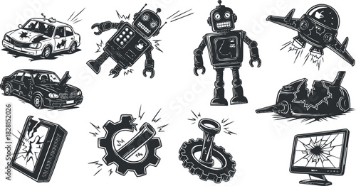 Whimsical black and white vector illustration set featuring robots, broken gadgets, and automotive elements for playful design projects