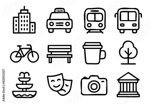 Set of city life icons in simple bold-line style: building, taxi, metro, bus, bicycle, bench, coffee cup, tree, fountain, theater masks, camera, museum.
