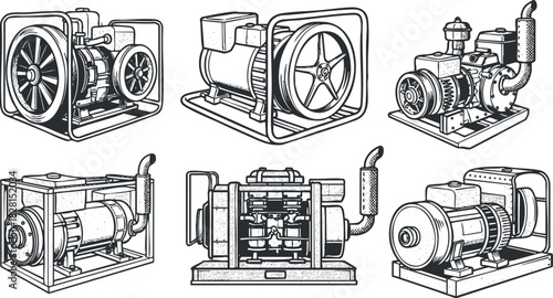 Set of detailed monochrome vector illustrations showcasing various types of industrial machinery and engines for technical design and engineering projects