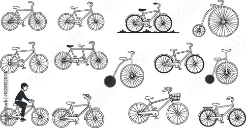 Collection of minimalist vector illustrations showcasing various bicycle designs and cycling concepts for graphic and branding projects