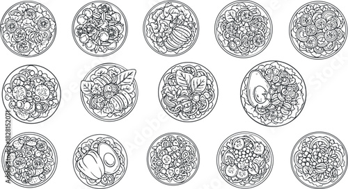 Hand-drawn vector collection of circular plates featuring various fruits and vegetables for culinary design projects