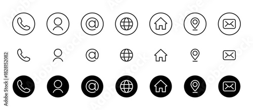 Contact us icon set. Phone, user, mail, home and location elements in minimal outline and solid styles vector illustration. Web and app interface sign for communication and navigation symbol pictogram