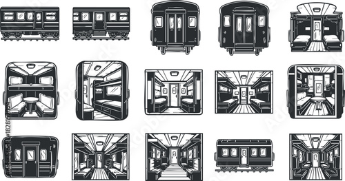 Stylized black and white vector icon set showcasing various subway train designs and interior layouts for urban transportation projects