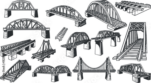 Detailed vector illustration collection of various bridge designs for engineering, architecture, and infrastructure projects