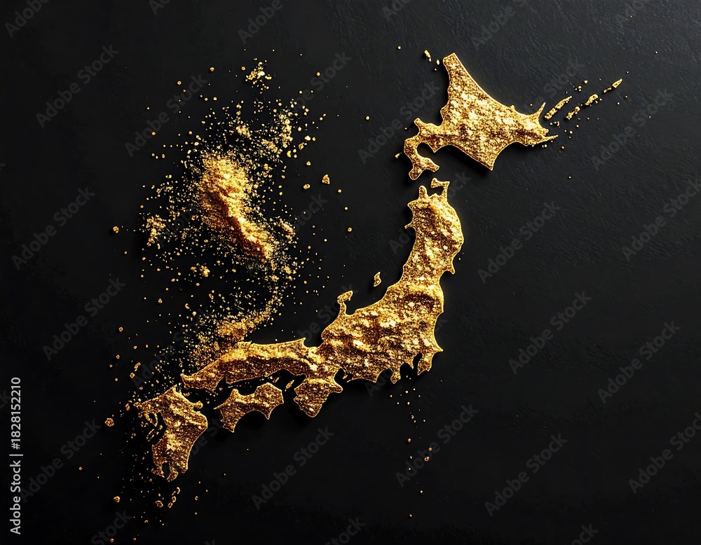 Fototapeta premium Gold powder forms a textured map of Japan on a dark surface, sparkling and partially crumbling