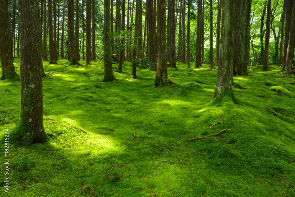 Obraz premium Lush Moss Forest Floor with Tall Trees - Sunlight and Shadows
