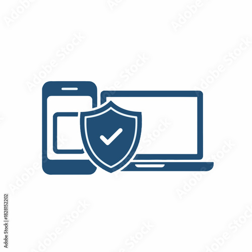 Internet security icon for protecting a device from virus or malware, devices need internet security. Shield with checkmark symbolizes secure connection, protection, and data privacy.