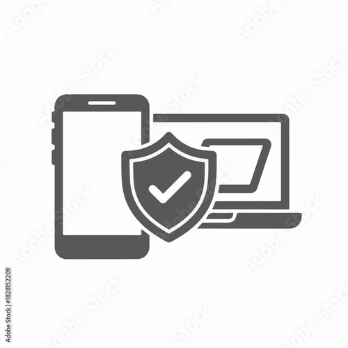 Smartphone and laptop security shield are depicted, highlighting mobile security. Shield emblem ensures online safety and protects electronic devices.