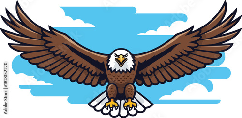 Cartoon illustration of a bald eagle soaring with outstretched wings against a blue sky with stylized clouds.