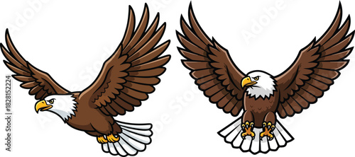 Two cartoon bald eagles, one flying with wings spread, the other facing forward with wings outstretched.