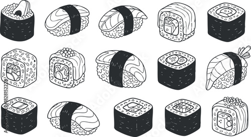 Hand-drawn black and white vector illustration of various sushi types including rolls and nigiri for food menus or culinary designs