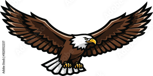 Cartoon illustration of a bald eagle soaring with its wings fully extended.