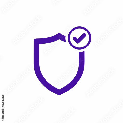Shield icon in purple with checkmark symbolizes protection and confirmation. Shield icon represents security measures and digital safety, emphasizing trust, reliability.