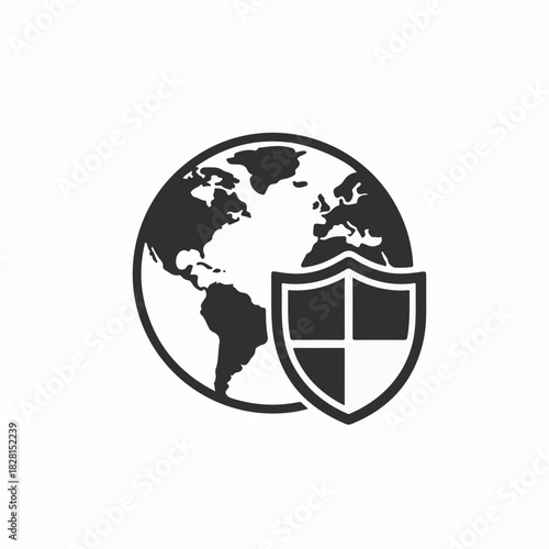 Global security shield against threats for international communication, featuring earth globe and protection shield. Global security icon for data safety, network reliability, and privacy control.