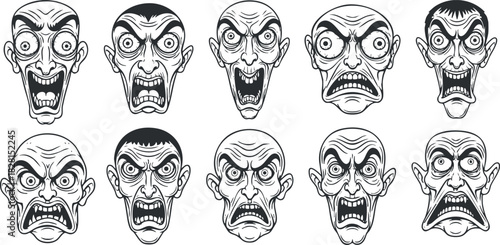 Set of ten expressive vector illustrations of exaggerated scary faces, ideal for horror themes, comics, and graphic design projects