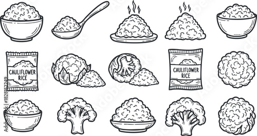 Hand-drawn vector illustration of cauliflower rice, broccoli, and related food items for healthy meal concepts.