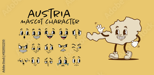 Vintage Austria country map mascot character with cartoon facial expression set