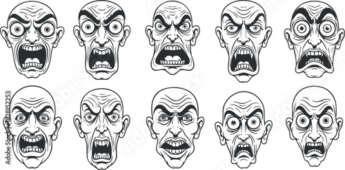 Collection of exaggerated facial expressions in black and white vector illustrations, suitable for comic art and character design
