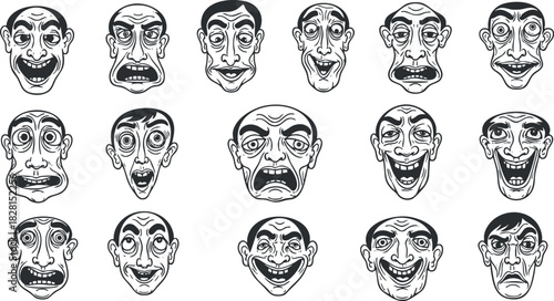 Collection of expressive vector illustrations featuring diverse facial expressions in a black and white comic style for design projects