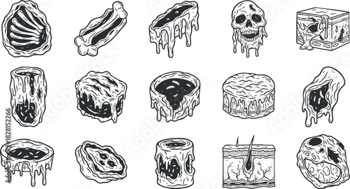 Gothic vector illustration set featuring spooky dessert icons like dripping sweets, skulls, and unusual treats for Halloween design