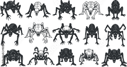 Creepy vector illustration set of various dark fantasy monsters and creatures, perfect for horror design projects.