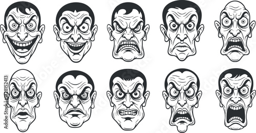 Set of ten expressive vector illustrations featuring various facial expressions for use in comics and character design