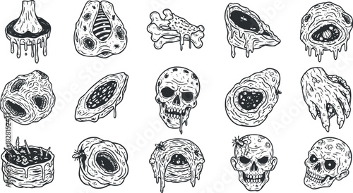Creepy vector icon set featuring horror-themed illustrations of skulls, monsters, and grotesque figures for Halloween designs
