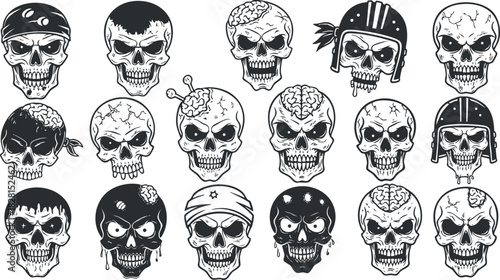 Collection of skull vector illustrations featuring various styles and expressions for Halloween and edgy design projects