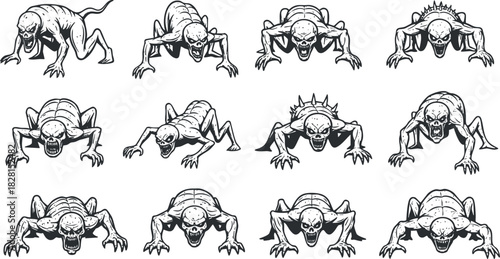Collection of creepy monster vector illustrations in black and white, featuring various horror creature designs for graphic and branding projects