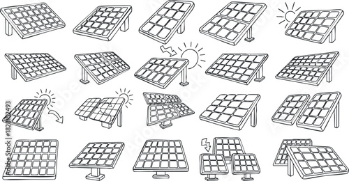 Outline vector illustration set of solar panels showcasing various angles and configurations for renewable energy applications